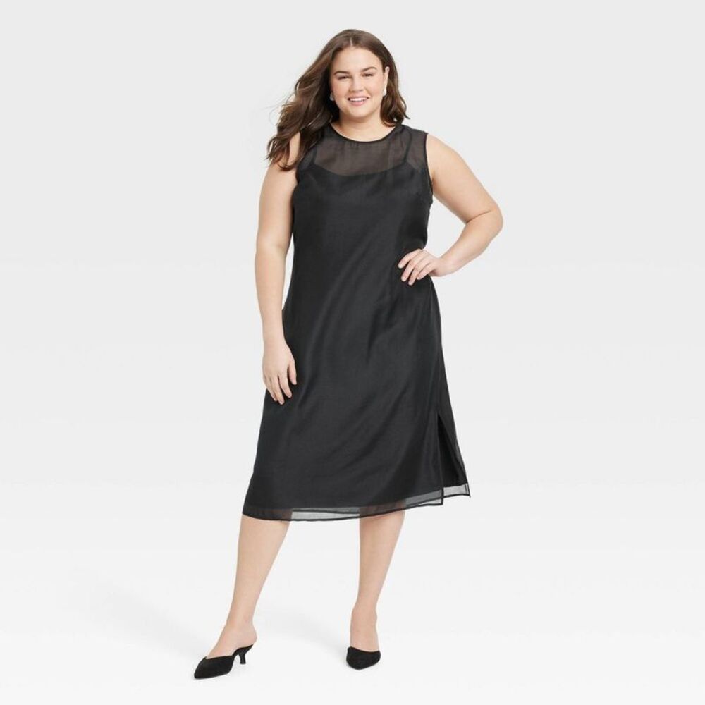 Women's Sheer Organza Midi Shift Dress - A New Day Black XXL